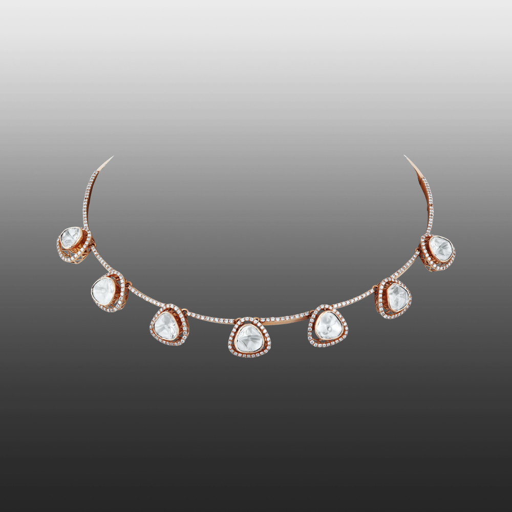 Rose Gold Polki Necklace with Brilliant-Cut Diamond Halo